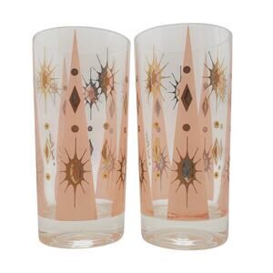 Fred Press Glass Tumblers Atomic Burst Cocktail MCM Pastel Pink Gold Highball